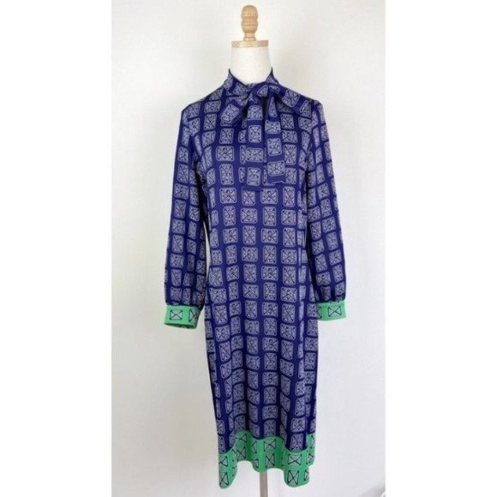 Vintage 70's Blue Geometric Patterned Tie-Neck Shift Dress
